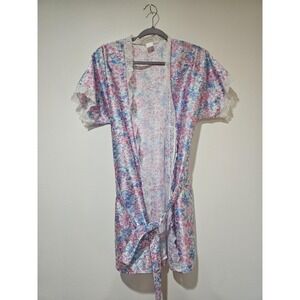 Vintage Private Moments Kimono Robe Womens Small Floral Satin Lace Belted 80s‎